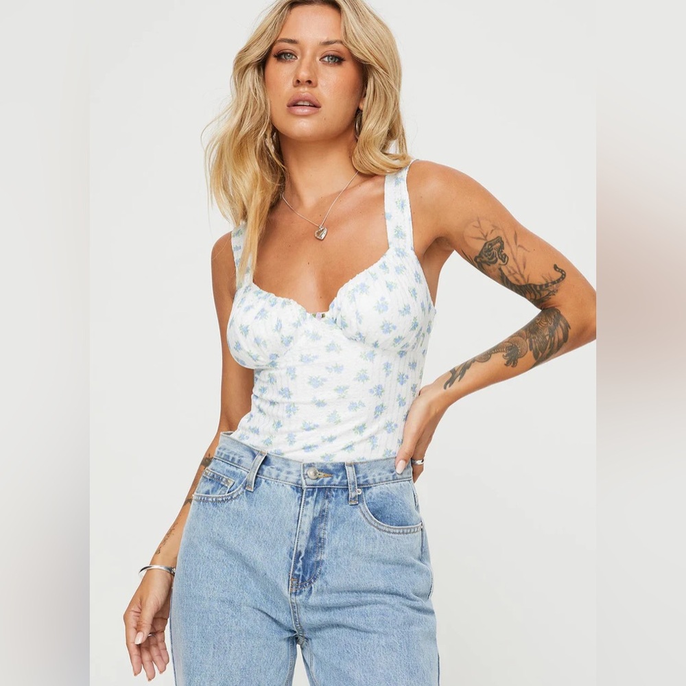Princess Polly Lupton Bodysuit White/Blue Floral